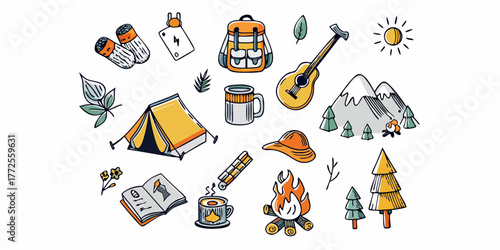 Collection of hand drawn camping and outdoor adventure icons and illustrations on white background