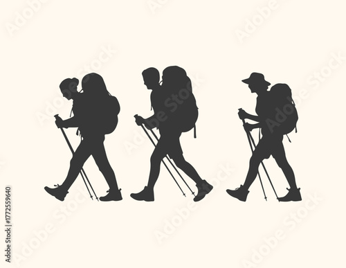Three hikers with backpacks and trekking poles walking in silhouette against a light background