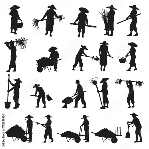 Silhouetted Asian laborers with conical hats are gardening, sweeping, shoveling, and carrying tools