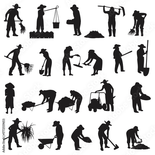 Silhouette collection shows Asian farmers working with different tools and techniques in fields