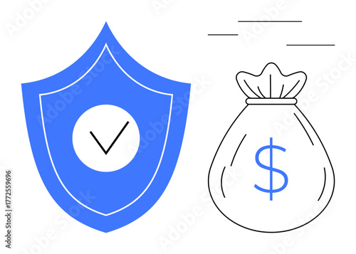 Blue shield with checkmark beside money bag with dollar sign represents security, protection, savings, finance, investment. Ideal for banking, insurance, trust safety economy reliability. Simple
