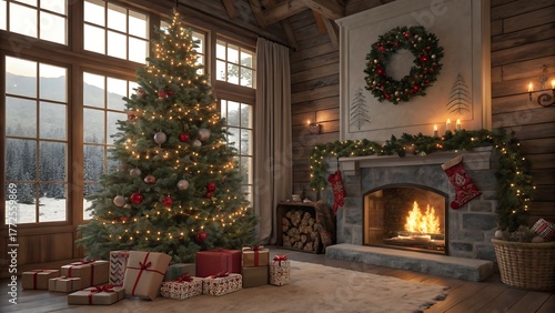 Wallpaper Mural A cozy christmas living room with a decorated tree, presents, and a fireplace adorned with stockings, creating a warm and festive holiday atmosphere Torontodigital.ca