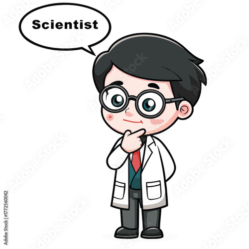 Cartoon scientist with glasses is thinking and the speech bubble says scientist