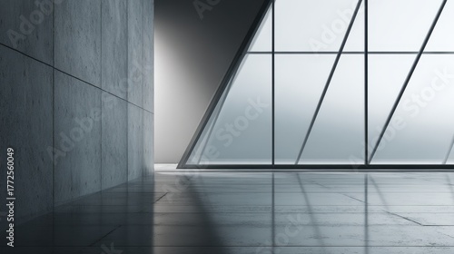Empty Modern Interior with Concrete Wall and Angular Glass Window