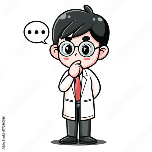 Asian cartoon doctor with glasses appears to be thinking about a solution quietly