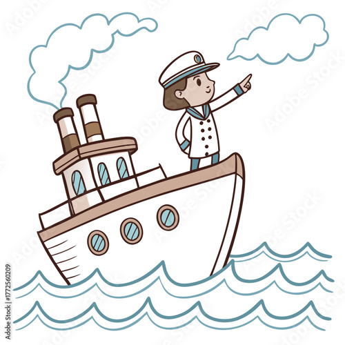 Cartoon captain points forward while sailing on a steamboat through wavy ocean waters