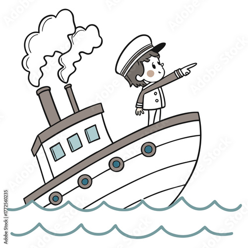 Cute Asian ship captain stands aboard tilting boat on ocean water pointing forward with confidence