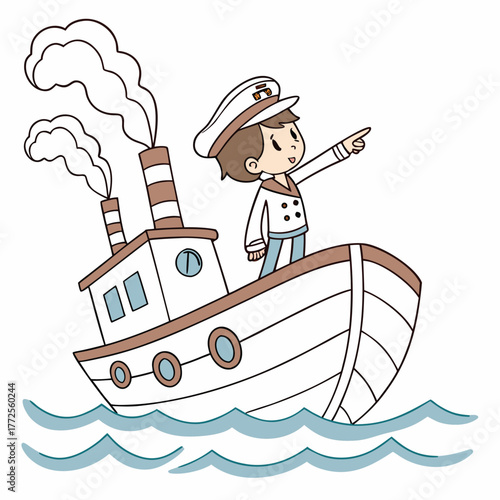Animated young sailor with hat points forward sailing on a steamboat in ocean waves