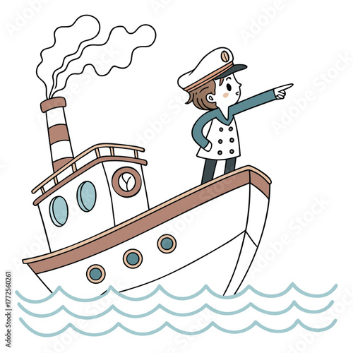 Happy young cartoon captain on steam boat joyfully points toward the horizon