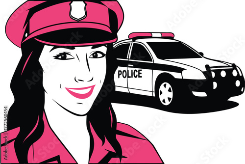 Smiling woman officer wearing pink uniform stands with police car in a artwork