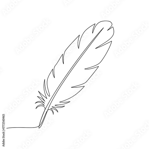 Single line drawing of a feather on white background  