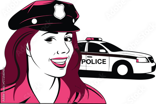 Smiling policewoman with maroon hair wears a cap and stands before a patrol car