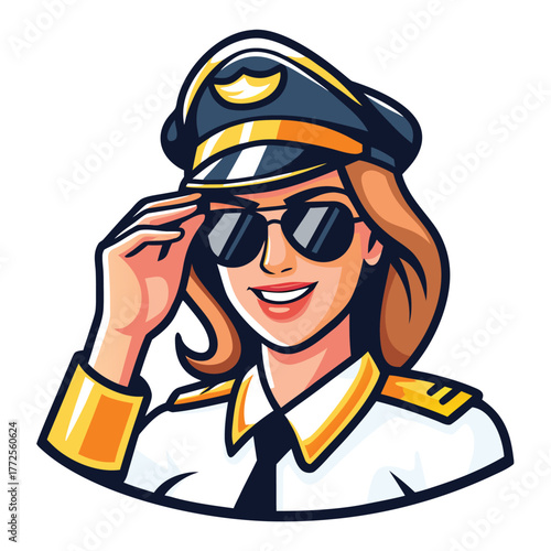 Smiling caucasian woman wearing pilot uniform and sunglasses salutes while looking forward cheerfully on the white background
