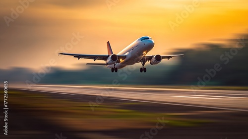 aerodynamics. Commercial airplane taking off with motion blur and golden sunset lighting. inspiring travel planning, mobility guides, designed for mobility and urban transit guides.