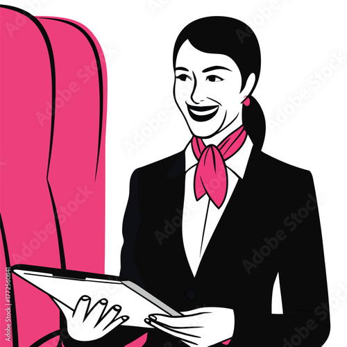 Smiling Asian stewardess holds tablet wearing a black suit with pink scarf in airplane