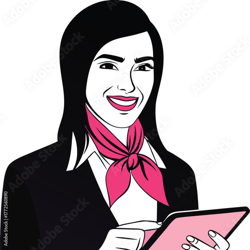 Smiling Asian woman with black hair and a pink scarf holds a tablet