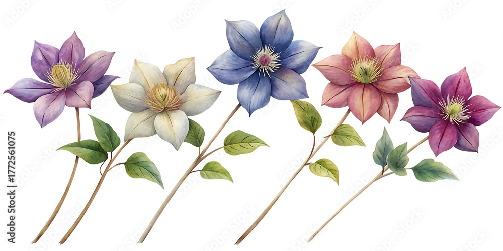 Fototapeta premium A collection of five watercolor clematis flowers in various colors including purple, cream, blue, and pink, isolated on transparent background