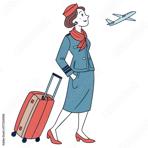 Smiling air hostess in uniform gazes at a flying plane with her luggage