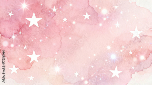 Watercolor background with stars and glitter in shades of pink and peach