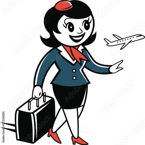 Smiling stewardess extends her hand toward the passing airplane while holding luggage in another hand