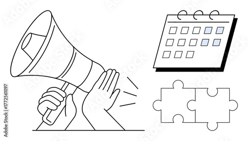 Hands use megaphone for communication, near calendar and puzzle pieces. Ideal for teamwork, project management, social awareness, organization, planning, problem-solving, effective communication