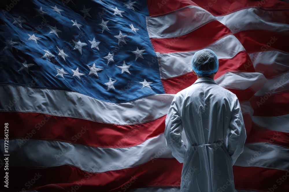 Obraz premium Healthcare professional stands in front of the USA flag in a hospital setting, symbolizing dedication and service to the community