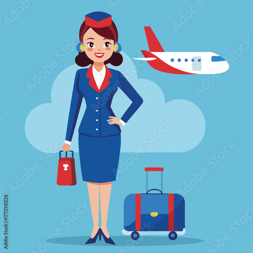 Smiling stewardess with luggage poses before airplane on light blue background surrounded by clouds