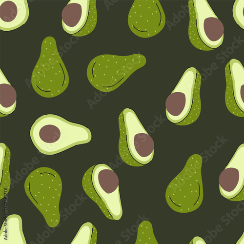 Avocado seamless pattern with whole and halved fruits on dark green background, flat vector illustration