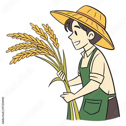 Smiling Asian farmer in straw hat holds harvested rice stalks looking forward with joy