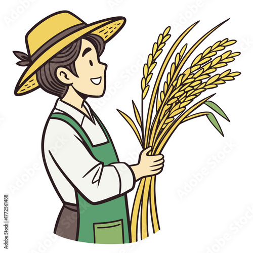 Smiling farmer with straw hat proudly holds a golden wheat sheaf after harvest