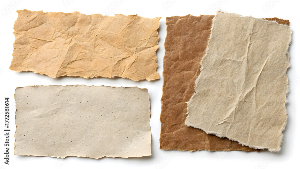 Fototapeta premium Crinkled Brown and Beige Torn Paper Pieces on White Background image graphic