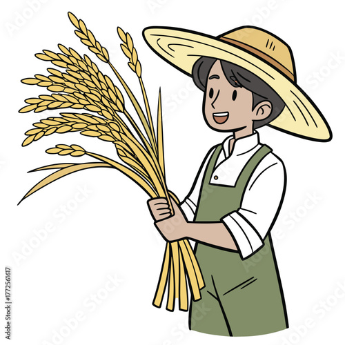 Cheerful Asian farmer wearing straw hat tightly grips harvested rice stems with glad expression