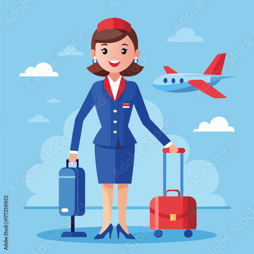 Smiling air hostess with red hat pulls suitcases on the airport floor with airplane