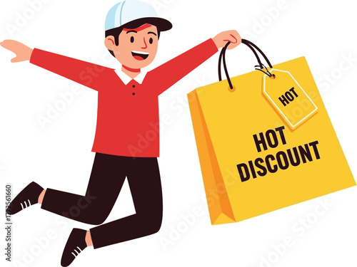 A cheerful delivery person leaps with a shopping bag announcing a hot discount.