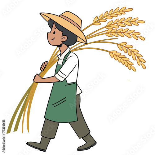 Smiling Asian farmer carries harvested wheat wearing hat and green apron during harvest season