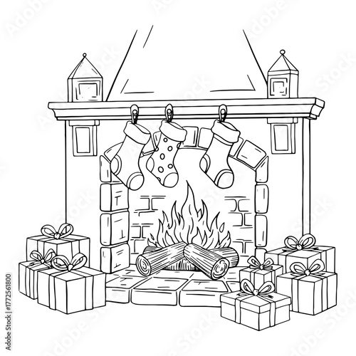 A Christmas fireplace with gifts and stockings. Illustration on a white background for holiday design. Coloring page.
