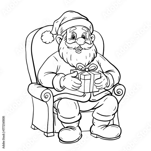 Santa Claus sitting in a chair, holding a gift. Christmas illustration on a white background for holiday design. Coloring page.