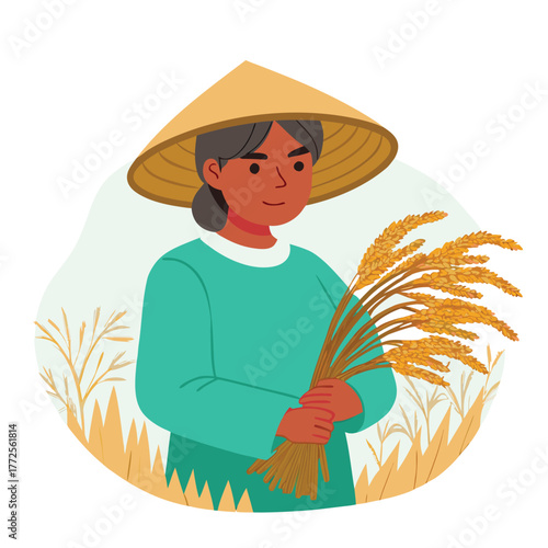 Asian woman with conical hat holds sheaves of golden wheat in a circular farm scene