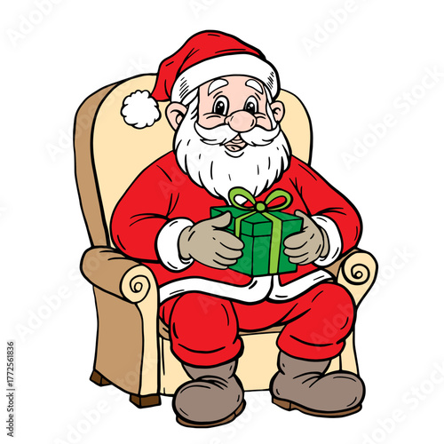 Santa Claus sitting in a chair, holding a gift. Christmas illustration on a white background for holiday design. Coloring page.