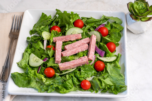 salad top  with spam  sticks