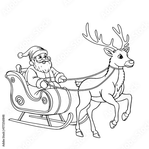 Santa Claus in his sleigh with his Christmas reindeer. Illustration on a white background for holiday design. Coloring page.
