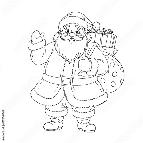 Santa Claus with a sack of presents on his back. Christmas illustration on a white background for holiday design. Coloring page.