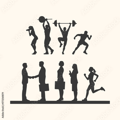 Silhouette of people engaged in fitness activities and business pursuits, representing health and career