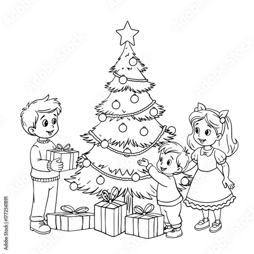 A Christmas tree with children and gifts. Illustration on a white background for holiday design. Coloring page.