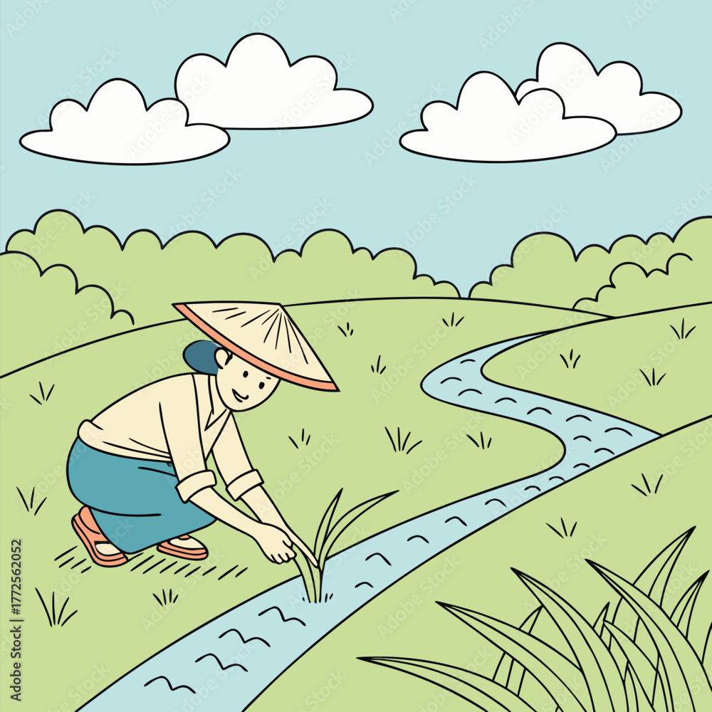 Obraz premium Asian farmer with conical hat cultivates plants in rural landscape near a winding stream