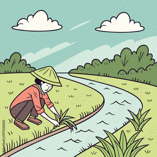 Asian woman plants rice seedlings near a meandering river on a sunny day