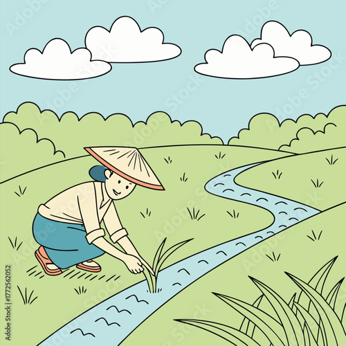 Asian farmer with conical hat cultivates plants in rural landscape near a winding stream