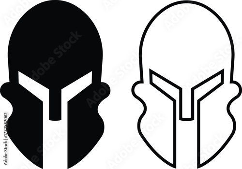 Spartan helmet icon set in black flat and outline styles. Ancient warrior helmets vectors, trojan signs. minimalist greek armor design and medieval protection symbols illustration for logo and emblem.