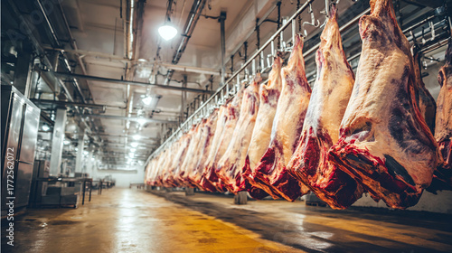 Rows of raw meat carcasses hang suspended in a meat-processing facility, illuminated by overhead lights, creating an industrial scene.