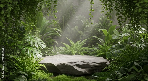 Tropical Jungle Product Display: Natural Stone Podium in Lush Greenery.
